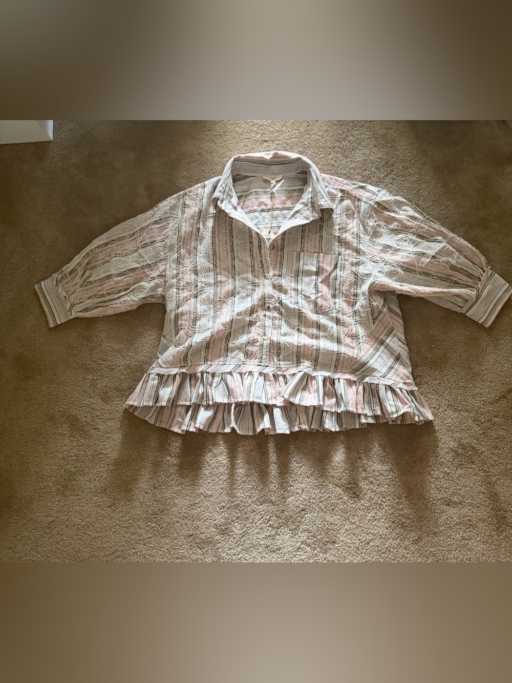 Easel Ruffled Striped Button-Up Floral Embroidered Top in Light Pink and White